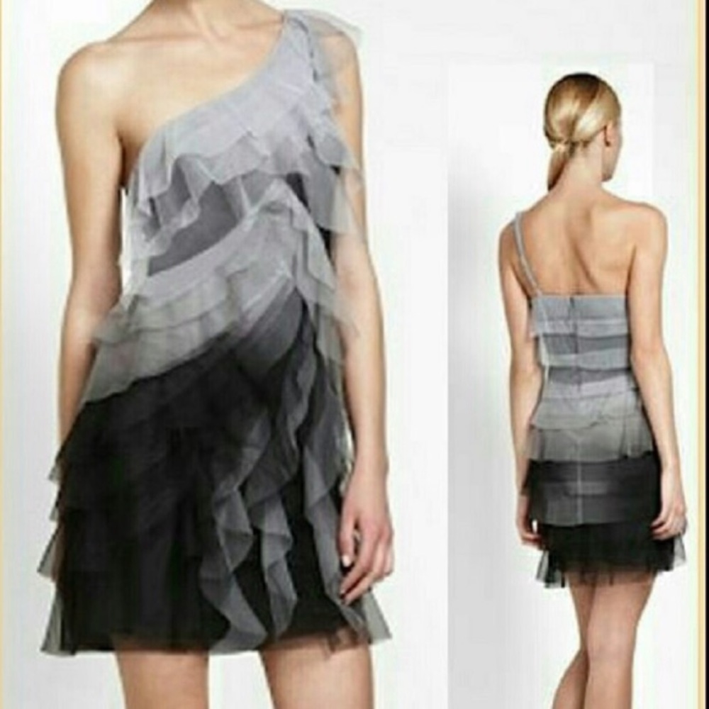 BCBGMAXAZRIA dress gray ruffle one shoulder - Picture 2 of 8